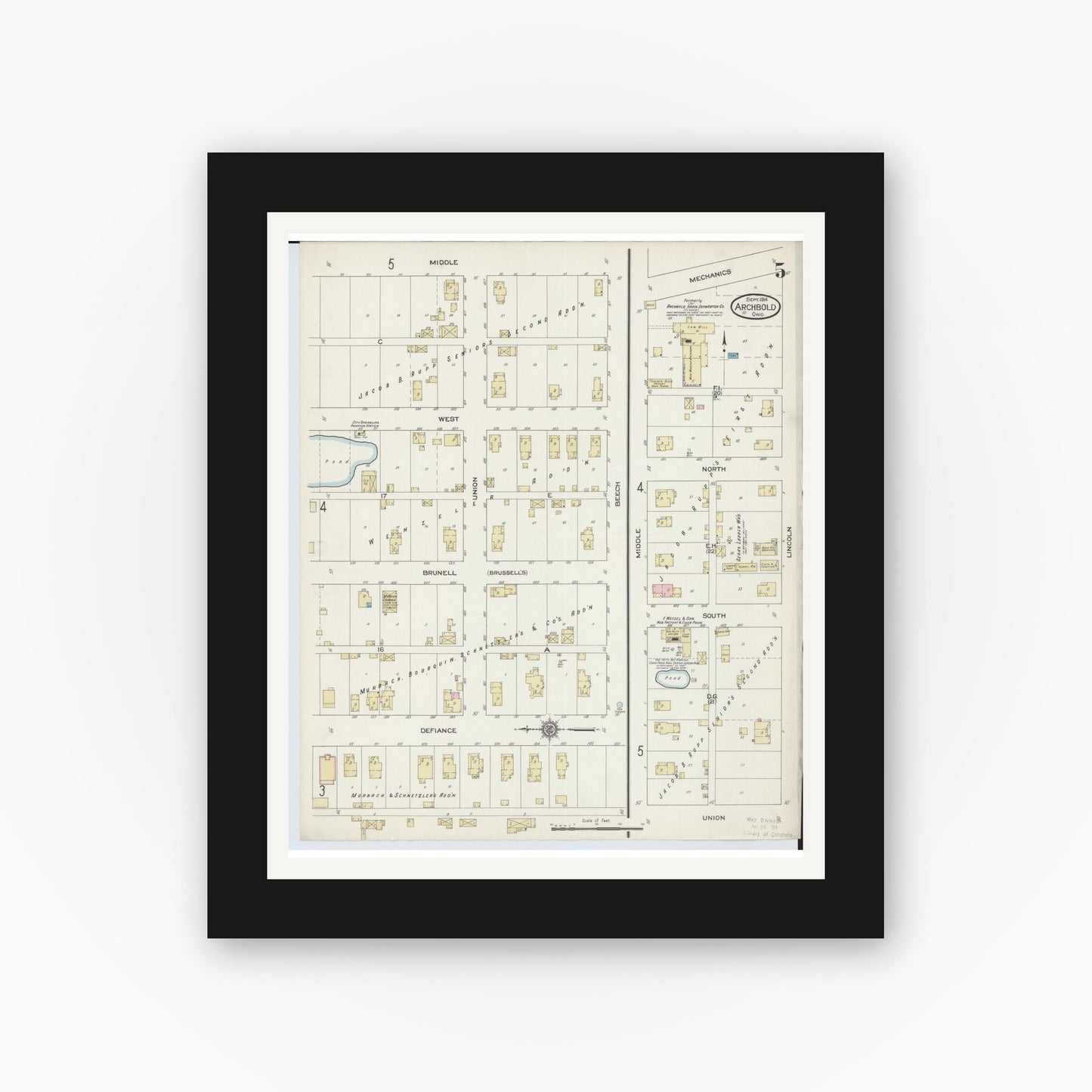 Old map wall art mockup — black gallery frame with white mat — Sanborn Fire Insurance Map from Archbold, Fulton County, Ohio (1914), Sheet #0005