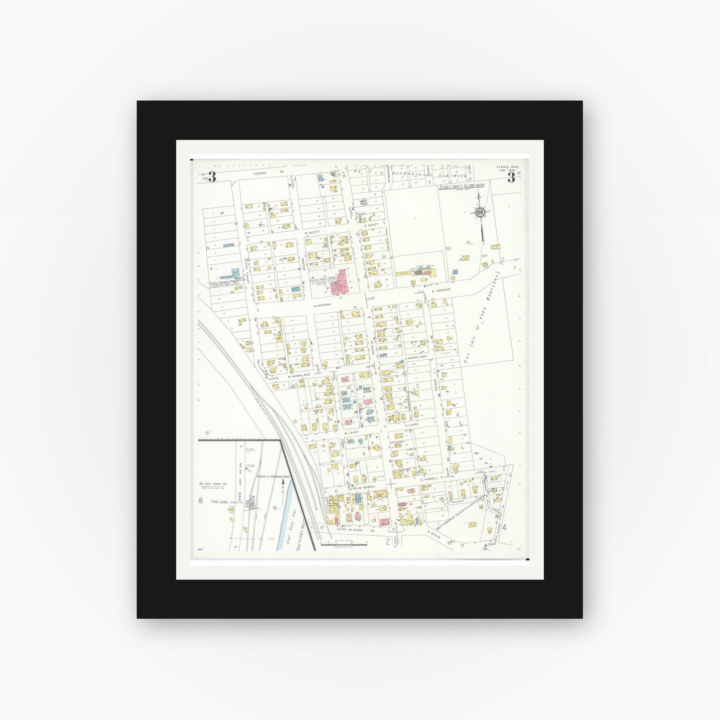 Old map wall art mockup — black gallery frame with white mat — Sanborn Fire Insurance Map from Cleves, Hamilton County, Ohio (1938), Sheet #0003