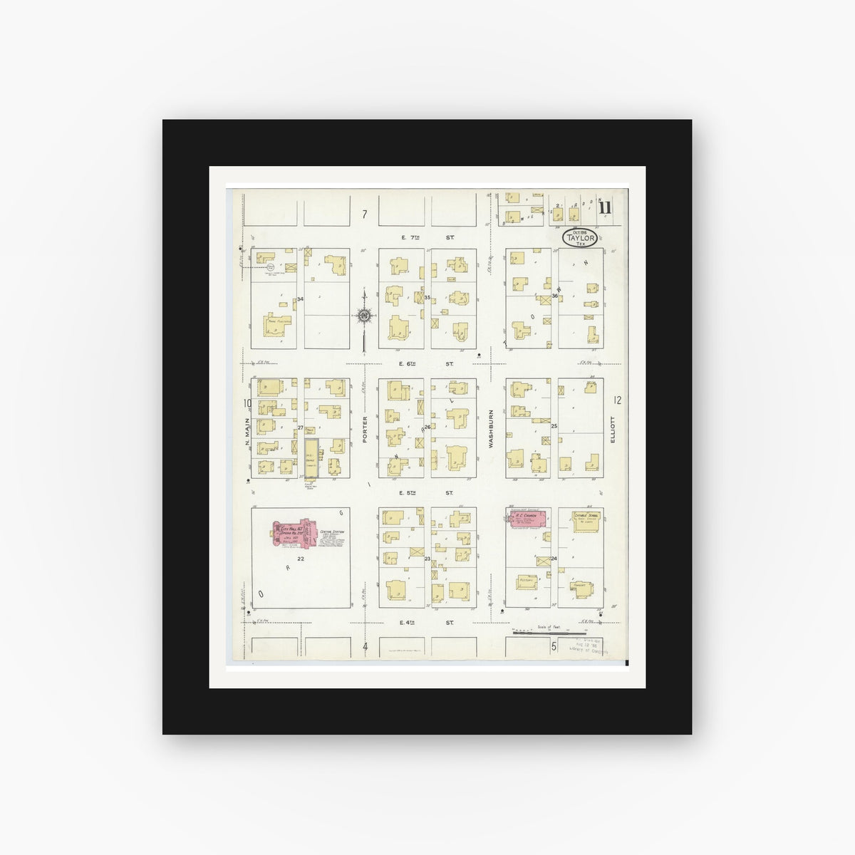 Old map wall art mockup — black gallery frame with white mat — Sanborn Fire Insurance Map from Taylor, Williamson County, Texas (1916), Sheet #0011
