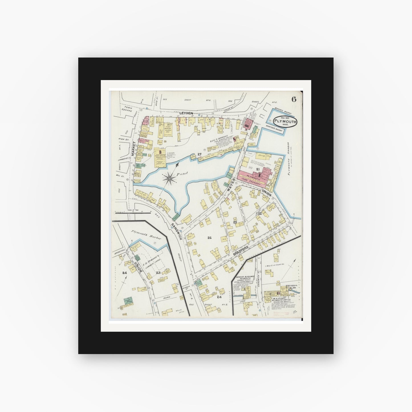 Old map wall art mockup — black gallery frame with white mat — Sanborn Fire Insurance Map from Plymouth, Plymouth County, Massachusetts (1891), Sheet #0006