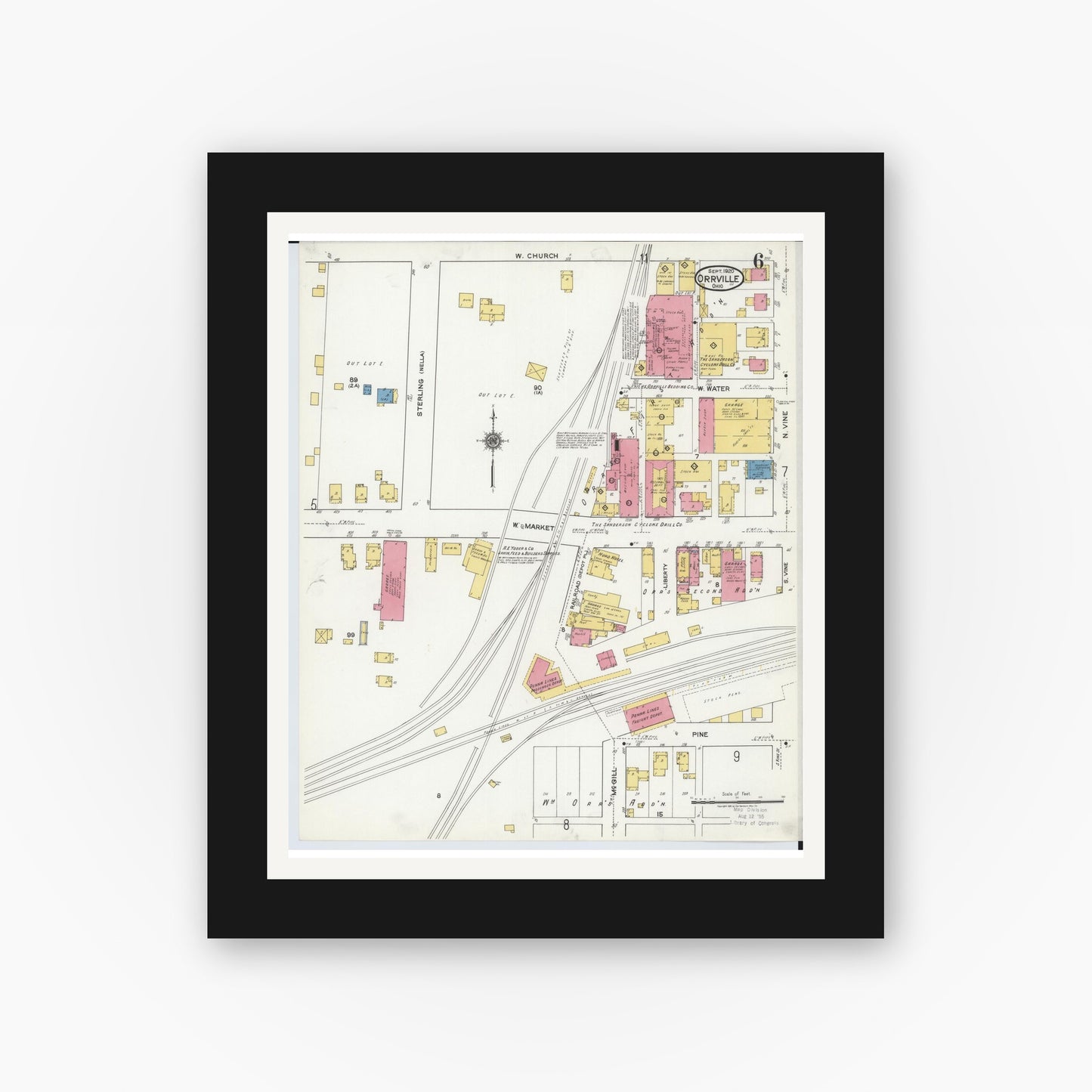 Old map wall art mockup — black gallery frame with white mat — Sanborn Fire Insurance Map from Orrville, Wayne County, Ohio (1920), Sheet #0006