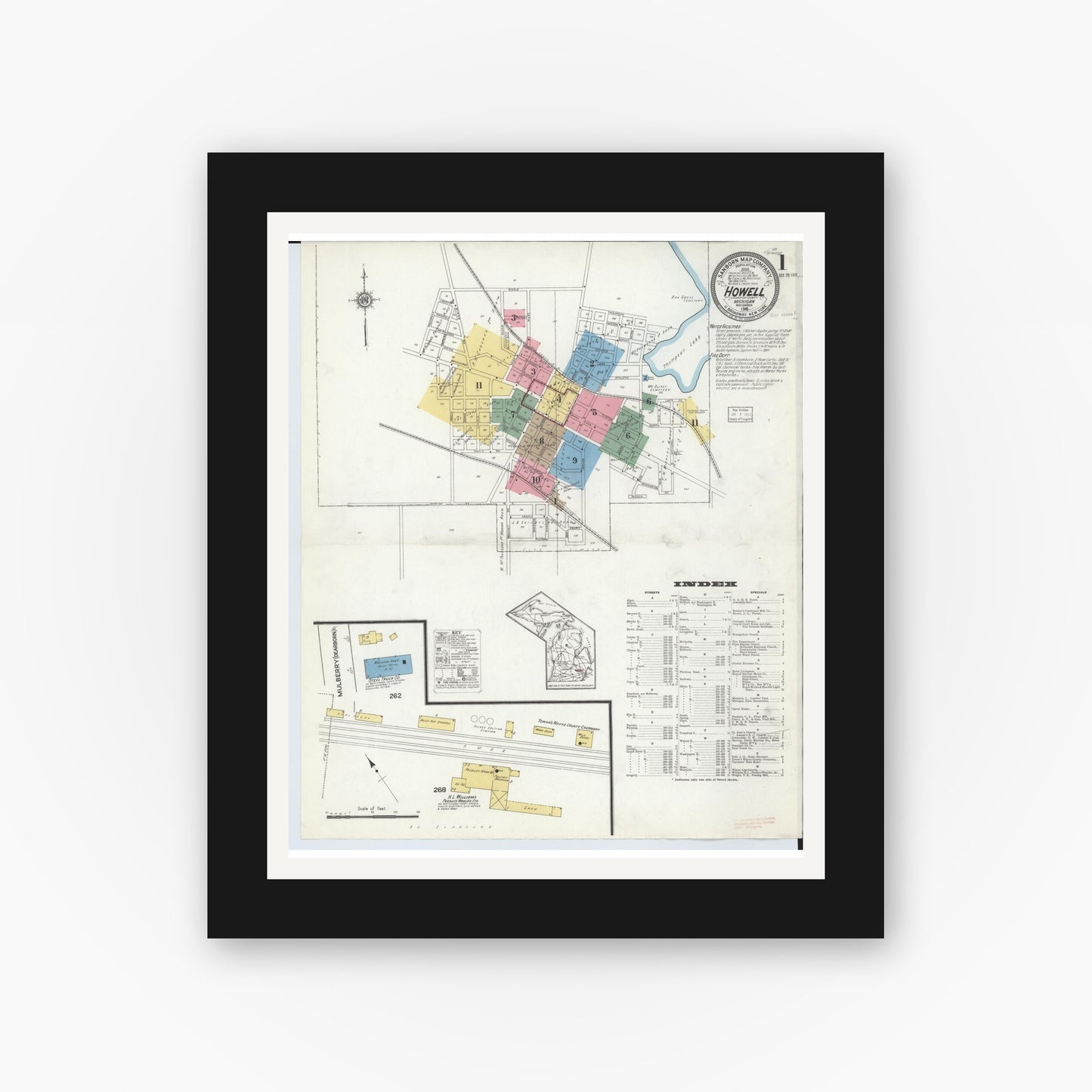 Old map wall art mockup — black gallery frame with white mat — Sanborn Fire Insurance Map from Howell, Livingston County, Michigan (1916) - Complete Map Set