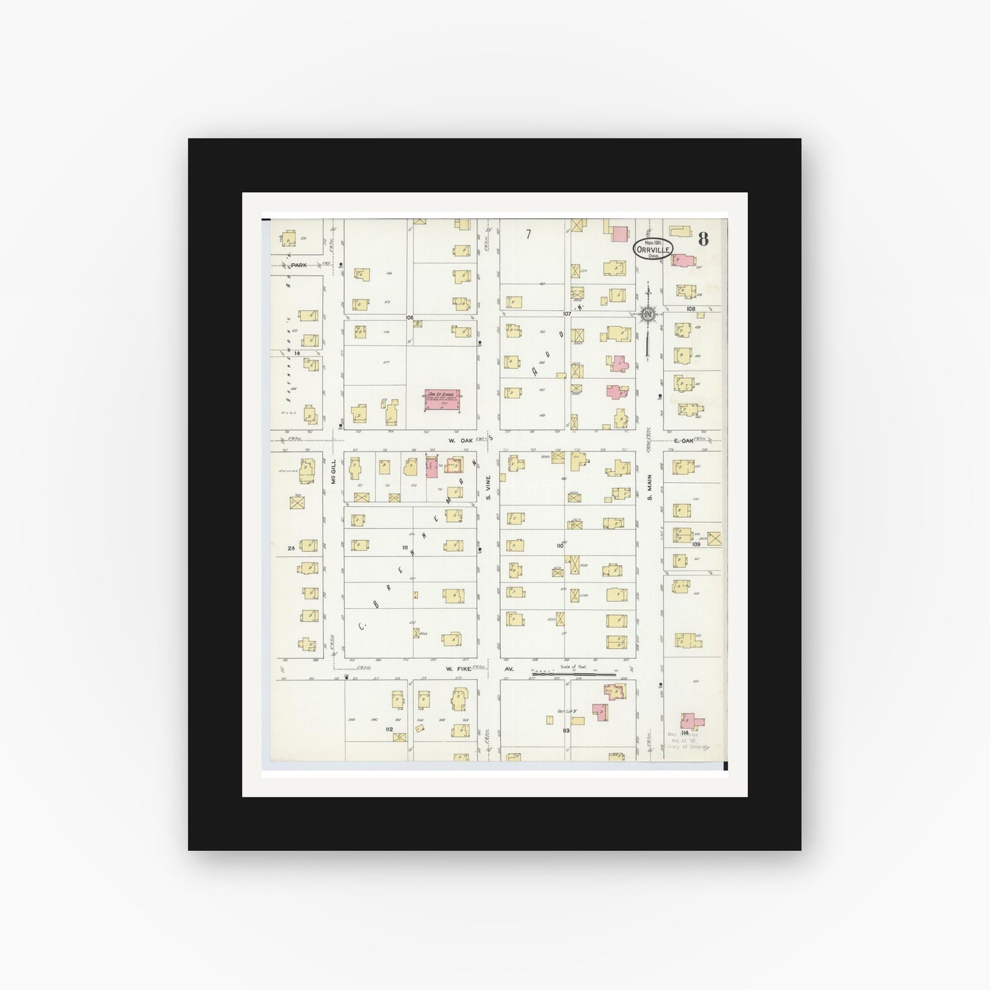 Old map wall art mockup — black gallery frame with white mat — Sanborn Fire Insurance Map from Orrville, Wayne County, Ohio (1911), Sheet #0008