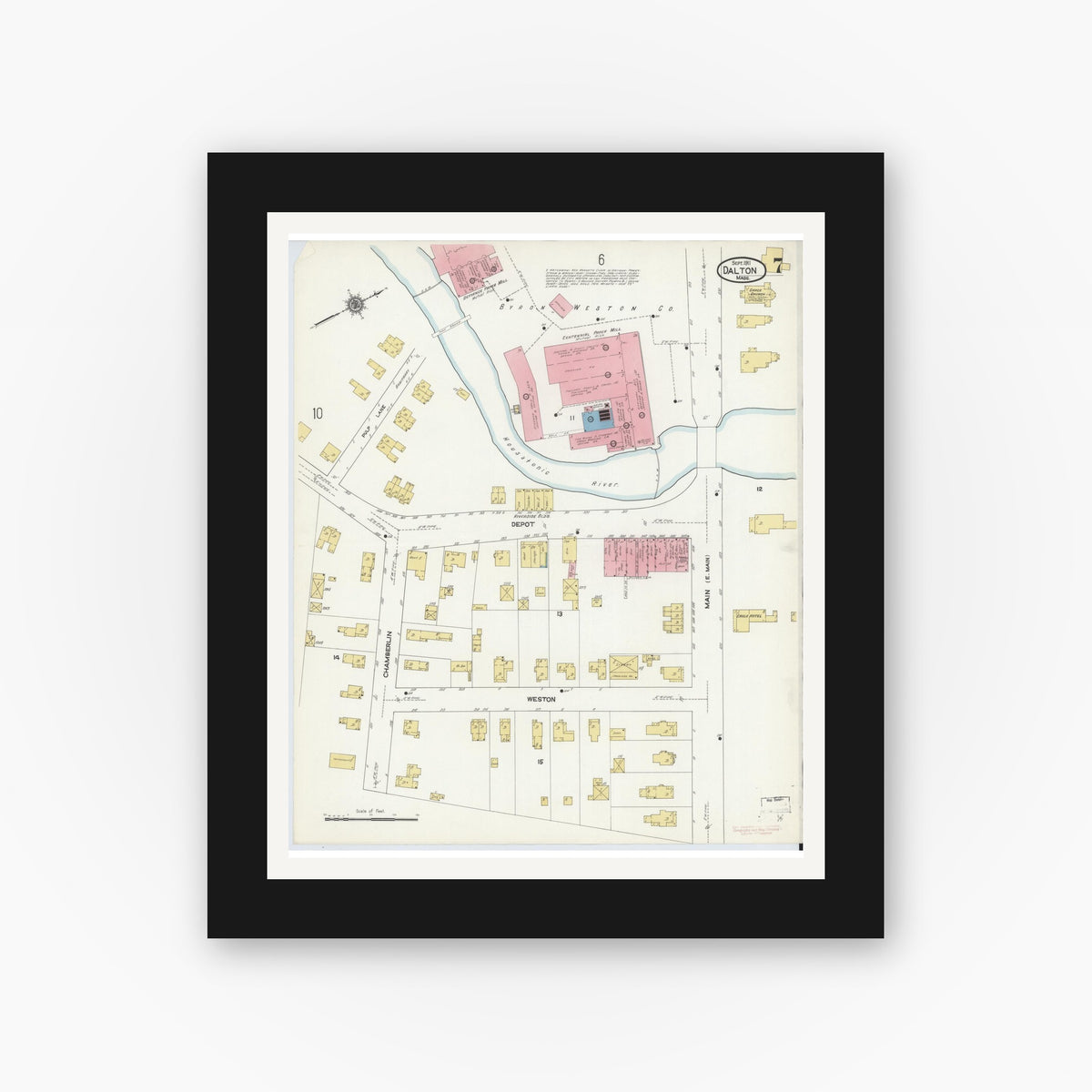 Old map wall art mockup — black gallery frame with white mat — Sanborn Fire Insurance Map from Dalton, Berkshire County, Massachusetts (1911), Sheet #0007