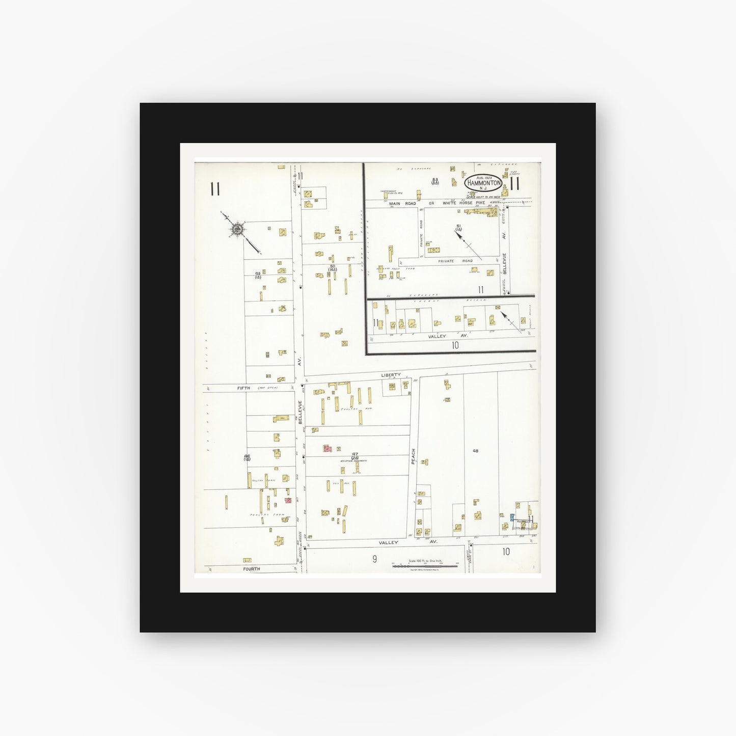 Old map wall art mockup — black gallery frame with white mat — Sanborn Fire Insurance Map from Hammonton, Atlantic County, New Jersey (1923), Sheet #0011