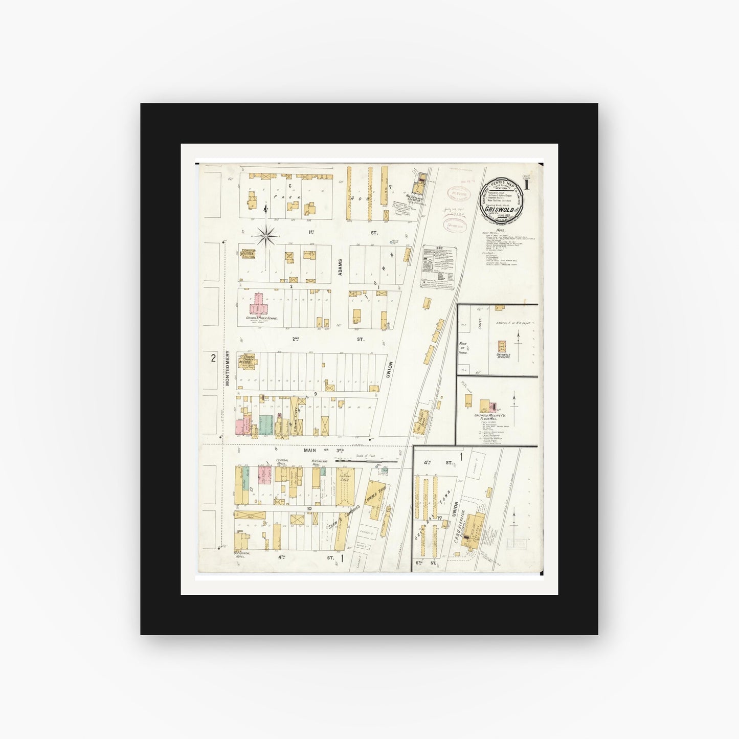 Old map wall art mockup — black gallery frame with white mat — Sanborn Fire Insurance Map from Griswold, Cass County, Iowa (1899) — Complete Set