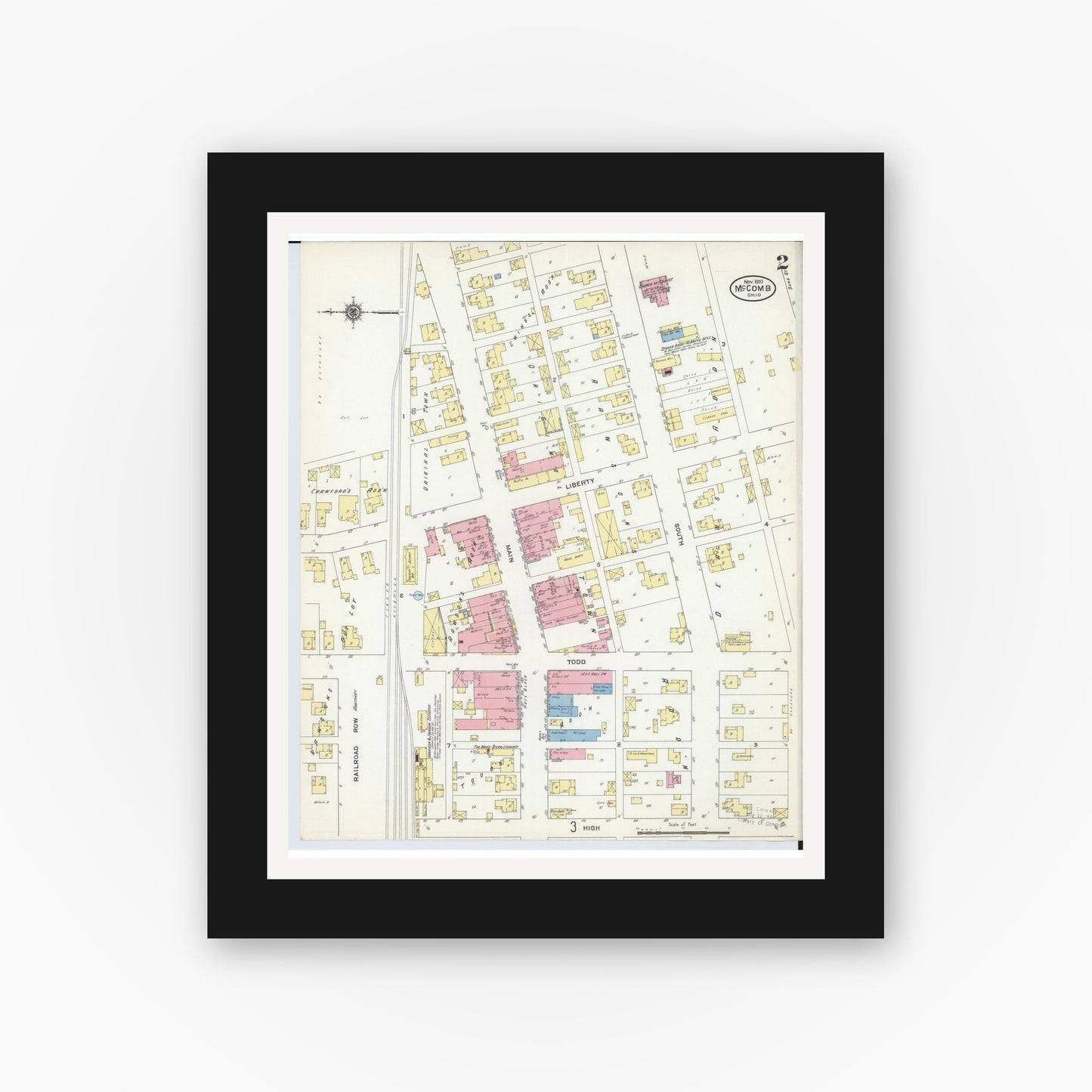 Old map wall art mockup — black gallery frame with white mat — Sanborn Fire Insurance Map from McComb, Hancock County, Ohio (1910), Sheet #0002
