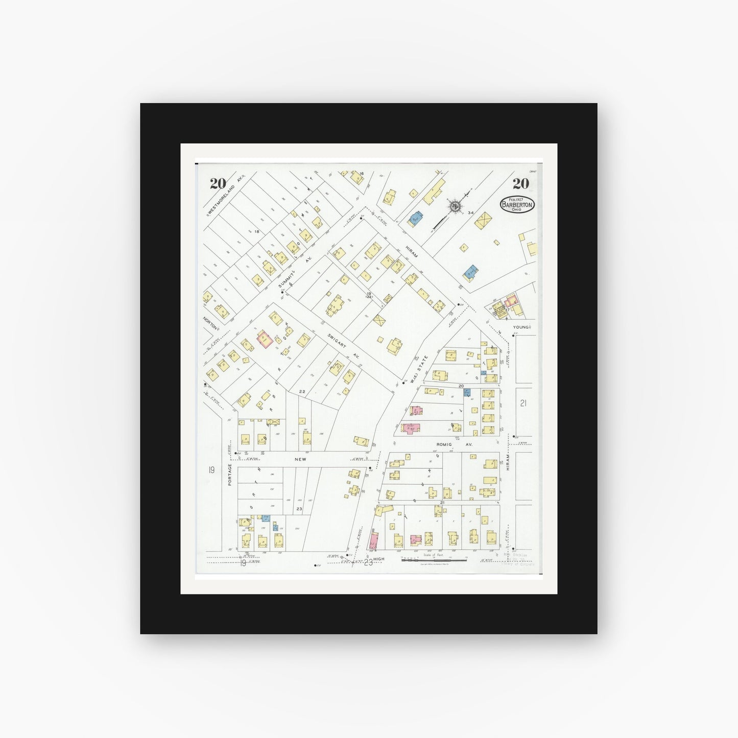 Old map wall art mockup — black gallery frame with white mat — Sanborn Fire Insurance Map from Barberton, Summit County, Ohio (1927), Sheet #0020