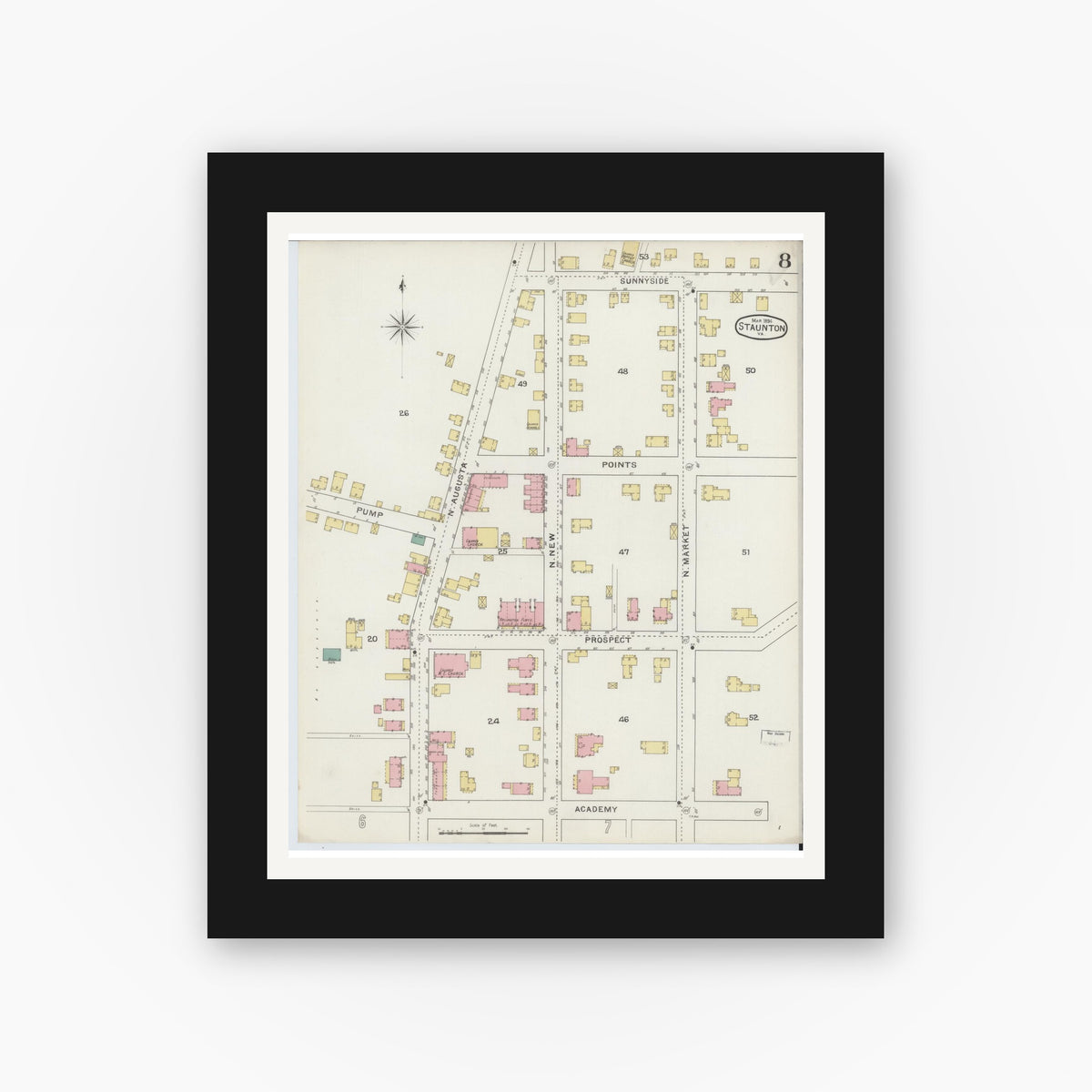 Old map wall art mockup — black gallery frame with white mat — Sanborn Fire Insurance Map from Staunton, Independent Cities, Virginia (1894), Sheet #0008
