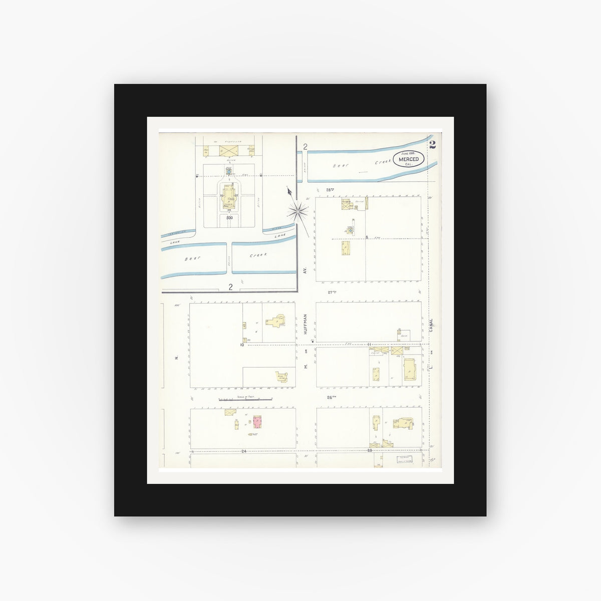 Old map wall art mockup — black gallery frame with white mat — Sanborn Fire Insurance Map from Merced, Merced County, California (1898), Sheet #0002