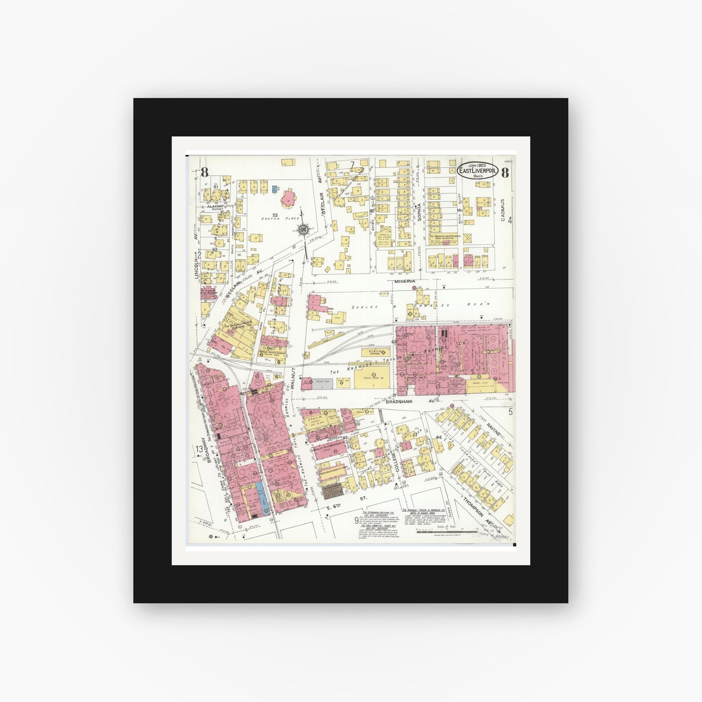 Old map wall art mockup — black gallery frame with white mat — Sanborn Fire Insurance Map from East Liverpool, Columbiana County, Ohio (1923), Sheet #0008