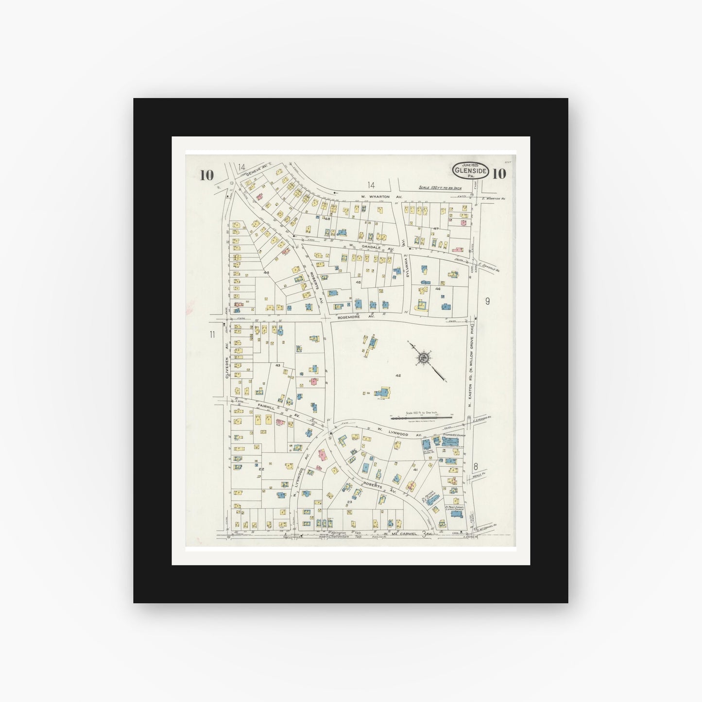 Old map wall art mockup — black gallery frame with white mat — Sanborn Fire Insurance Map from Glenside, Montgomery County, Pennsylvania (1925), Sheet #0010