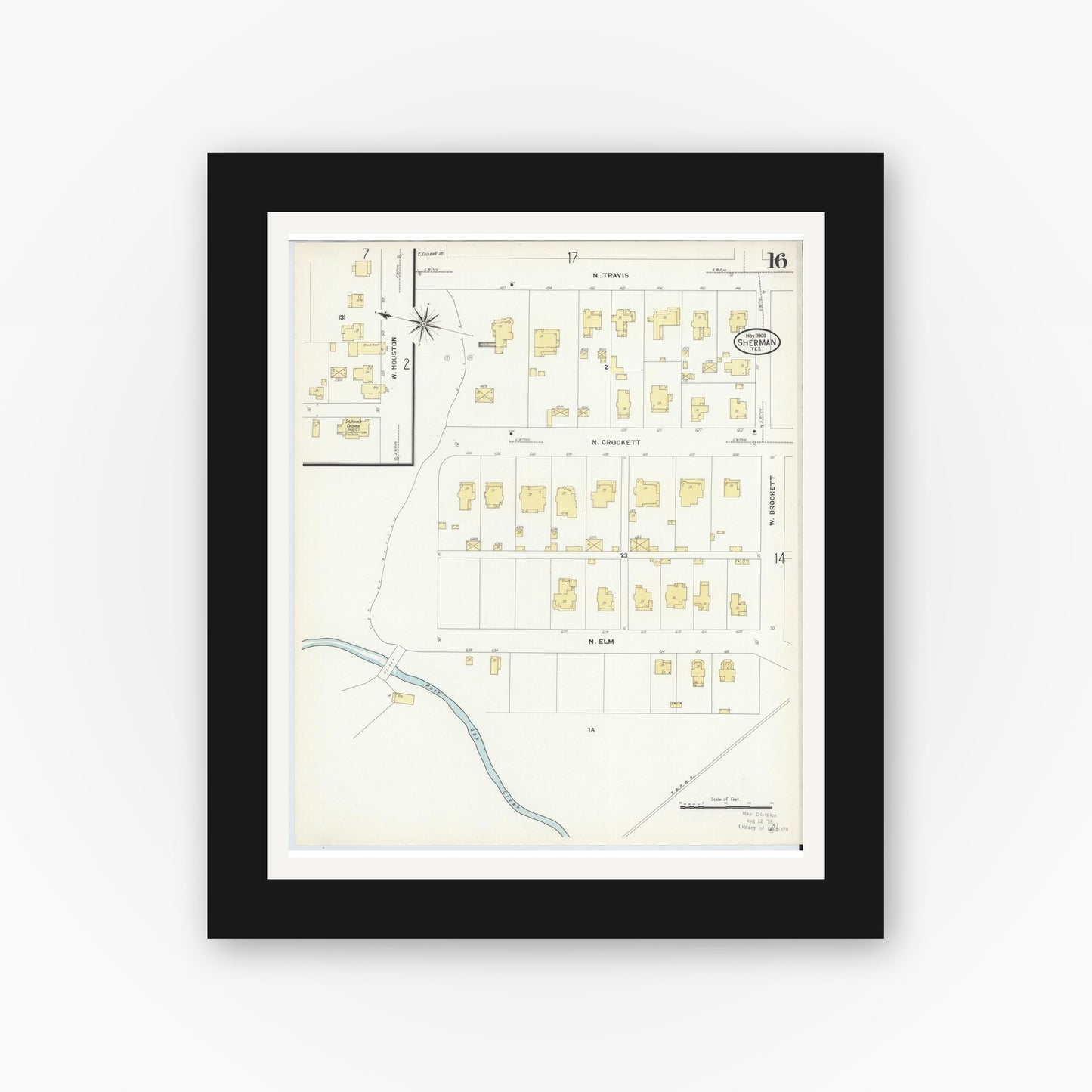 Old map wall art mockup — black gallery frame with white mat — Sanborn Fire Insurance Map from Sherman, Grayson County, Texas (1908), Sheet #0016
