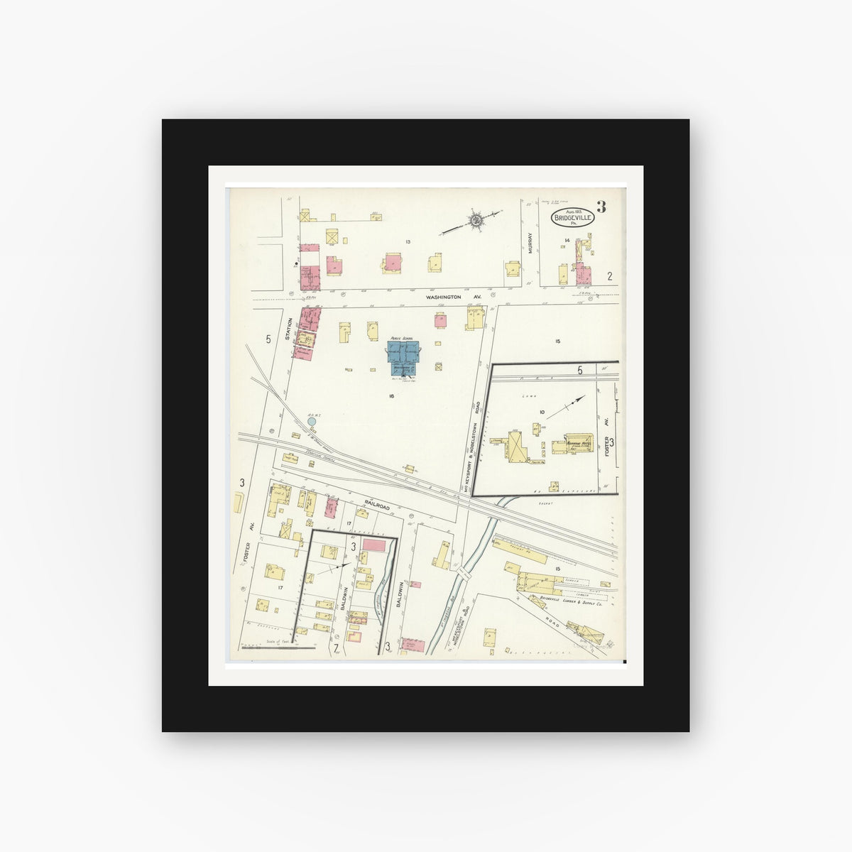 Old map wall art mockup — black gallery frame with white mat — Sanborn Fire Insurance Map from Bridgeville, Allegheny County, Pennsylvania (1913), Sheet #0003