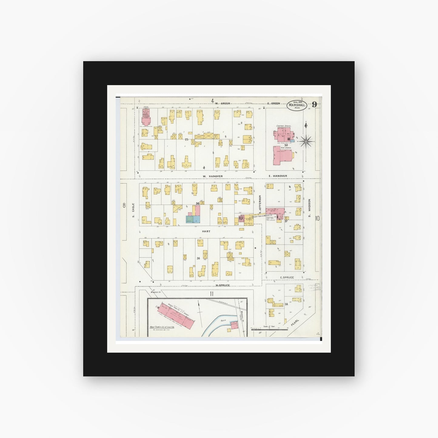 Old map wall art mockup — black gallery frame with white mat — Sanborn Fire Insurance Map from Marshall, Calhoun County, Michigan (1906), Sheet #0009