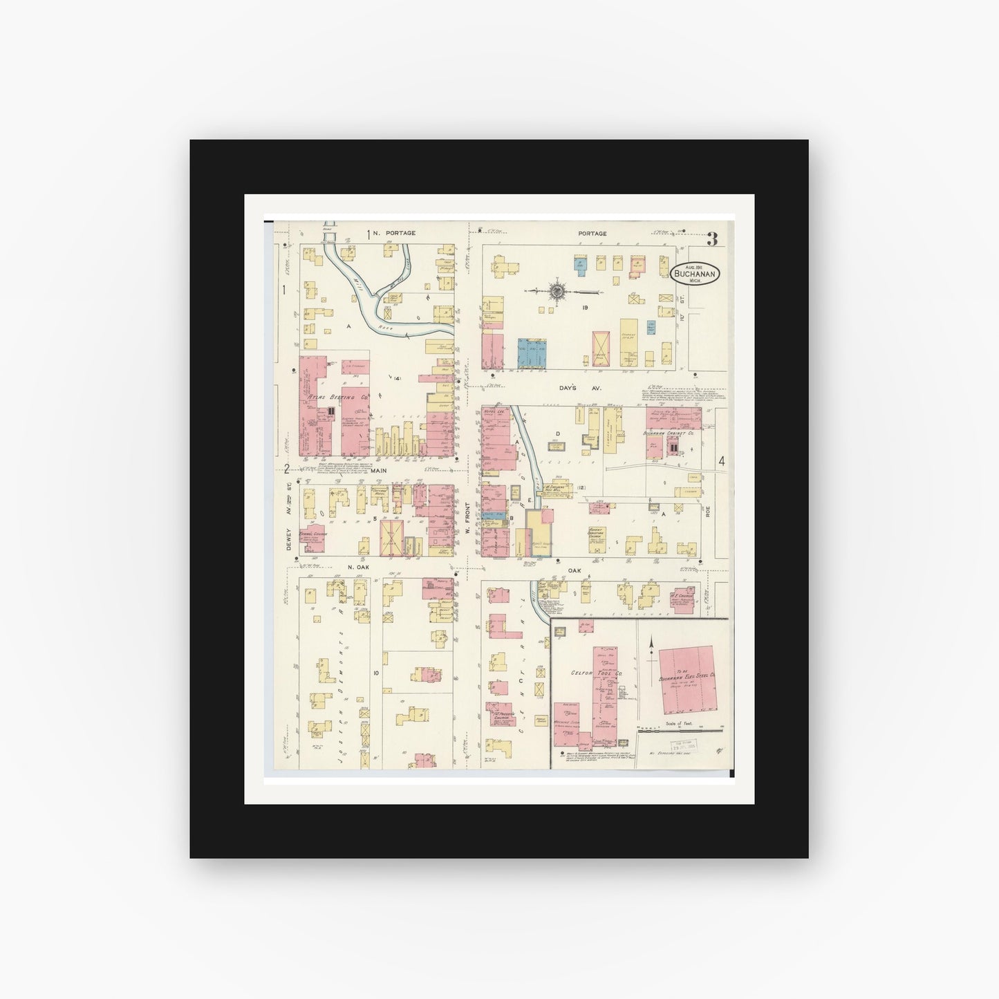 Old map wall art mockup — black gallery frame with white mat — Sanborn Fire Insurance Map from Buchanan, Berrien County, Michigan (1911), Sheet #0003