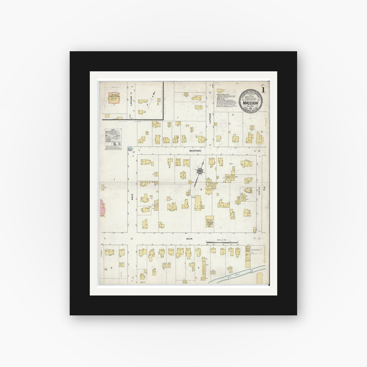 Old map wall art mockup — black gallery frame with white mat — Sanborn Fire Insurance Map from Macedon, Wayne County, New York (1912), Sheet #0001