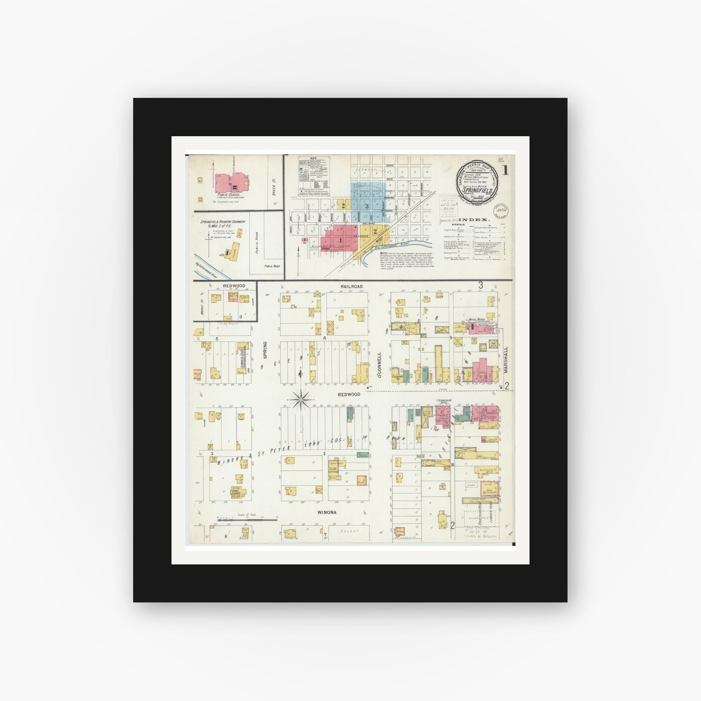 Old map wall art mockup — black gallery frame with white mat — Sanborn Fire Insurance Map from Springfield, Brown County, Minnesota (1899) - Complete Map Set