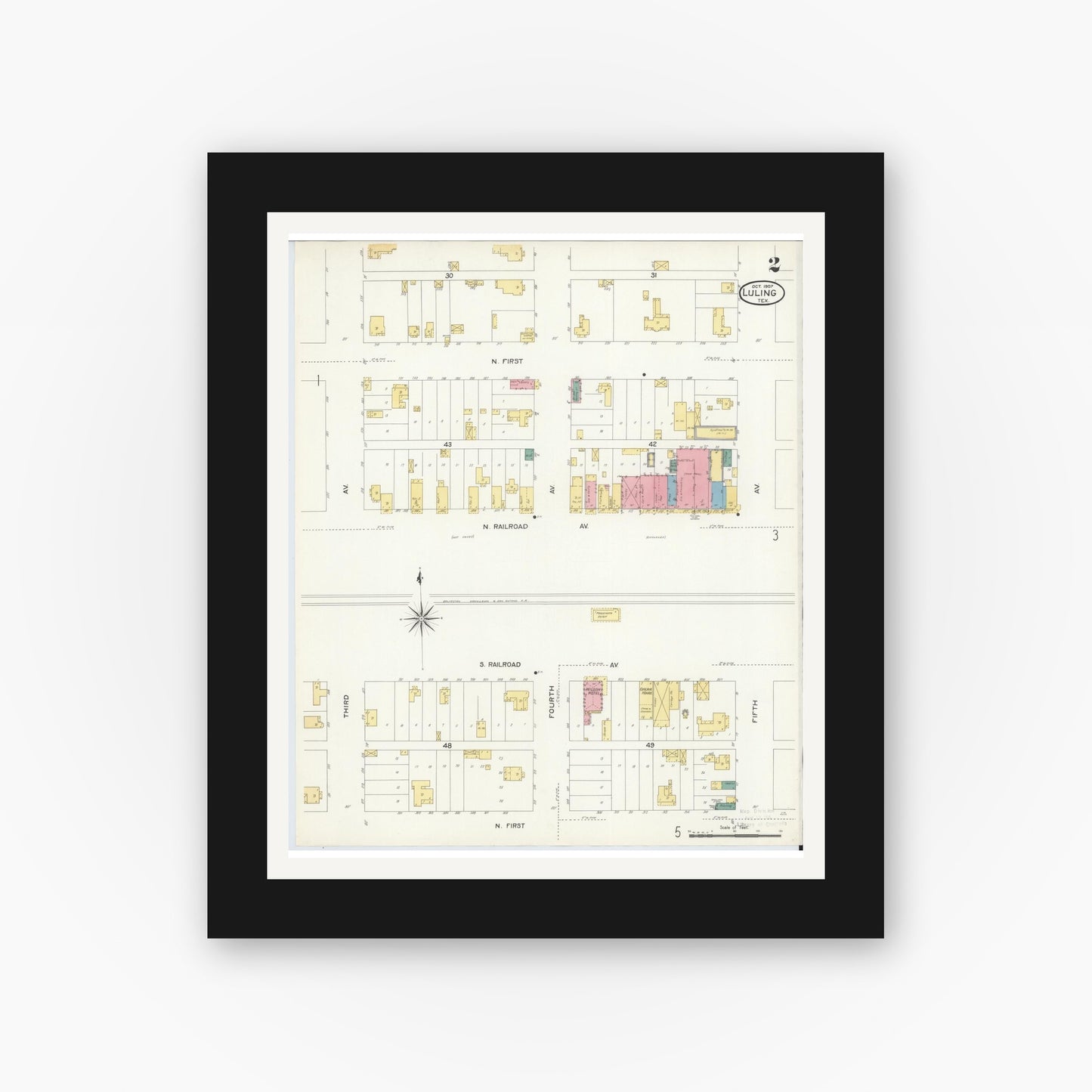 Old map wall art mockup — black gallery frame with white mat — Sanborn Fire Insurance Map from Luling, Caldwell County, Texas (1907), Sheet #0002