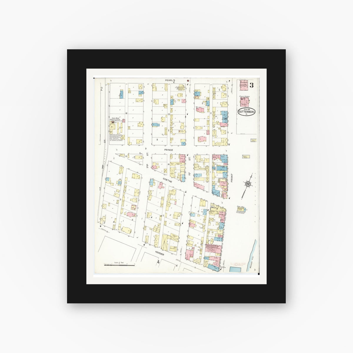 Old map wall art mockup — black gallery frame with white mat — Sanborn Fire Insurance Map from Guttenberg, Clayton County, Iowa (1914), Sheet #0003