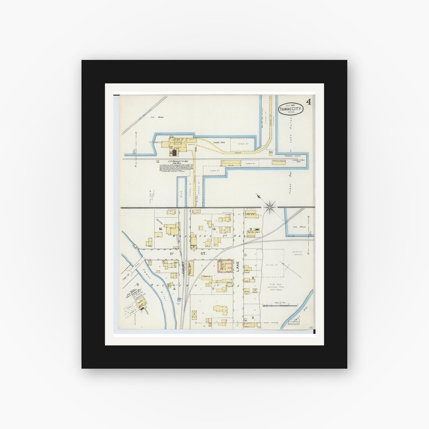 Old map wall art mockup — black gallery frame with white mat — Sanborn Fire Insurance Map from East Tawas, Iosco County, Michigan (1893), Sheet #0004