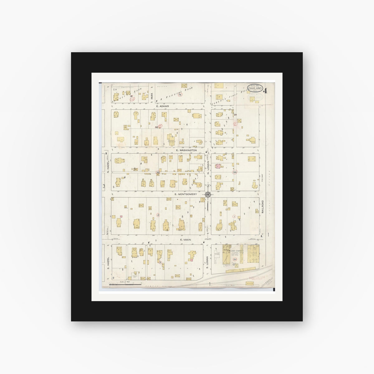 Old map wall art mockup — black gallery frame with white mat — Sanborn Fire Insurance Map from Oakland, Coles County, Illinois (1932), Sheet #0004