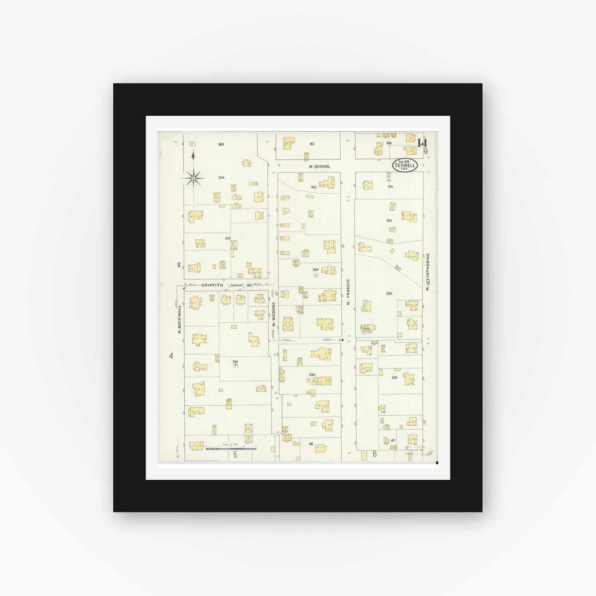 Old map wall art mockup — black gallery frame with white mat — Sanborn Fire Insurance Map from Terrell, Kaufman County, Texas (1909), Sheet #0014