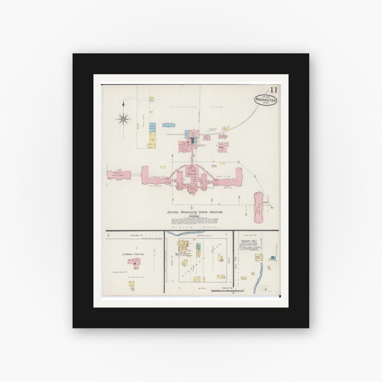 Old map wall art mockup — black gallery frame with white mat — Sanborn Fire Insurance Map from Rochester, Olmsted County, Minnesota (1890), Sheet #0011
