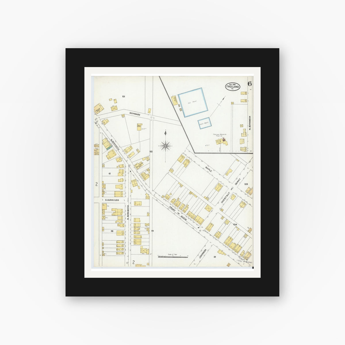 Old map wall art mockup — black gallery frame with white mat — Sanborn Fire Insurance Map from Freeland, Luzerne County, Pennsylvania (1905), Sheet #0006