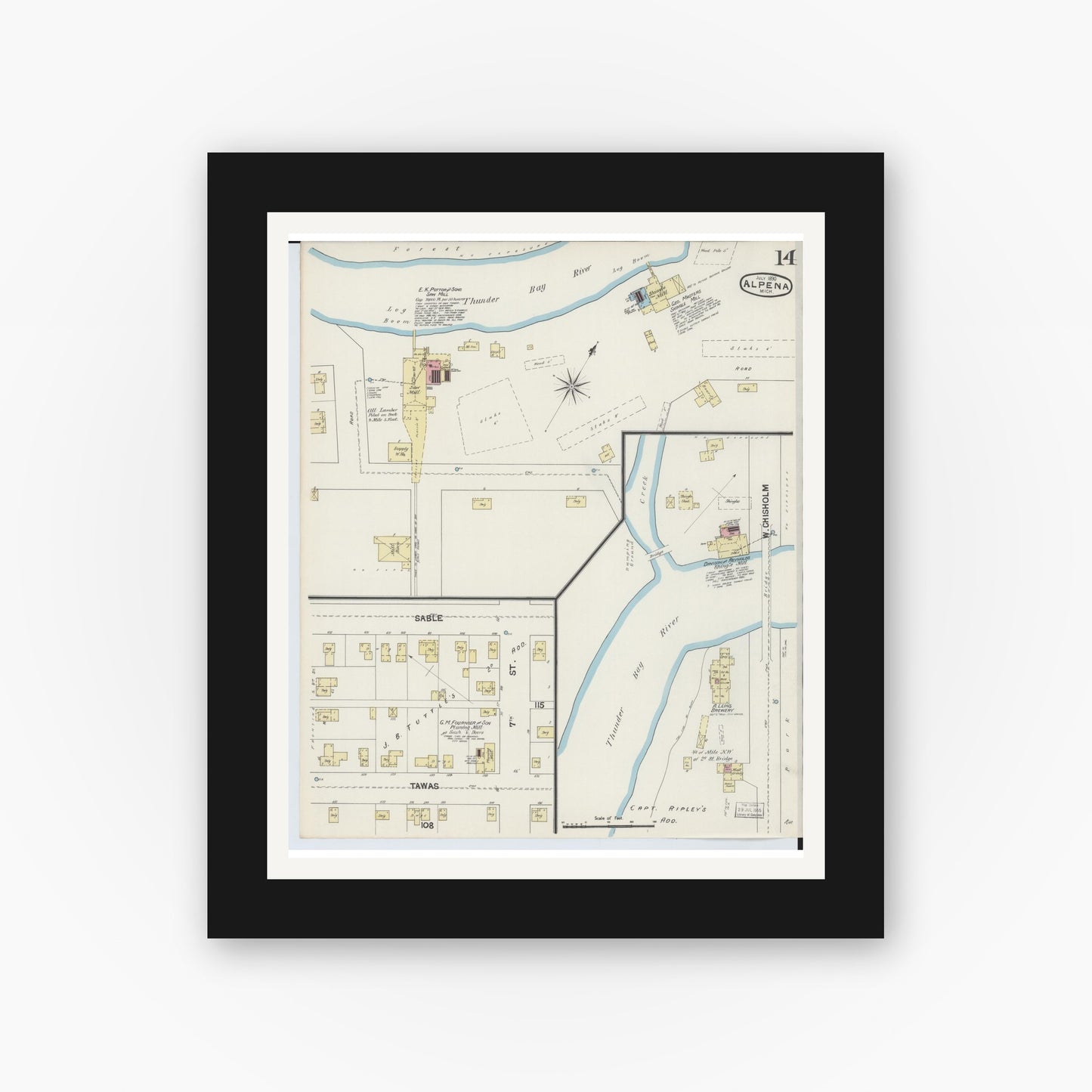 Old map wall art mockup — black gallery frame with white mat — Sanborn Fire Insurance Map from Alpena, Alpena County, Michigan (1890), Sheet #0014