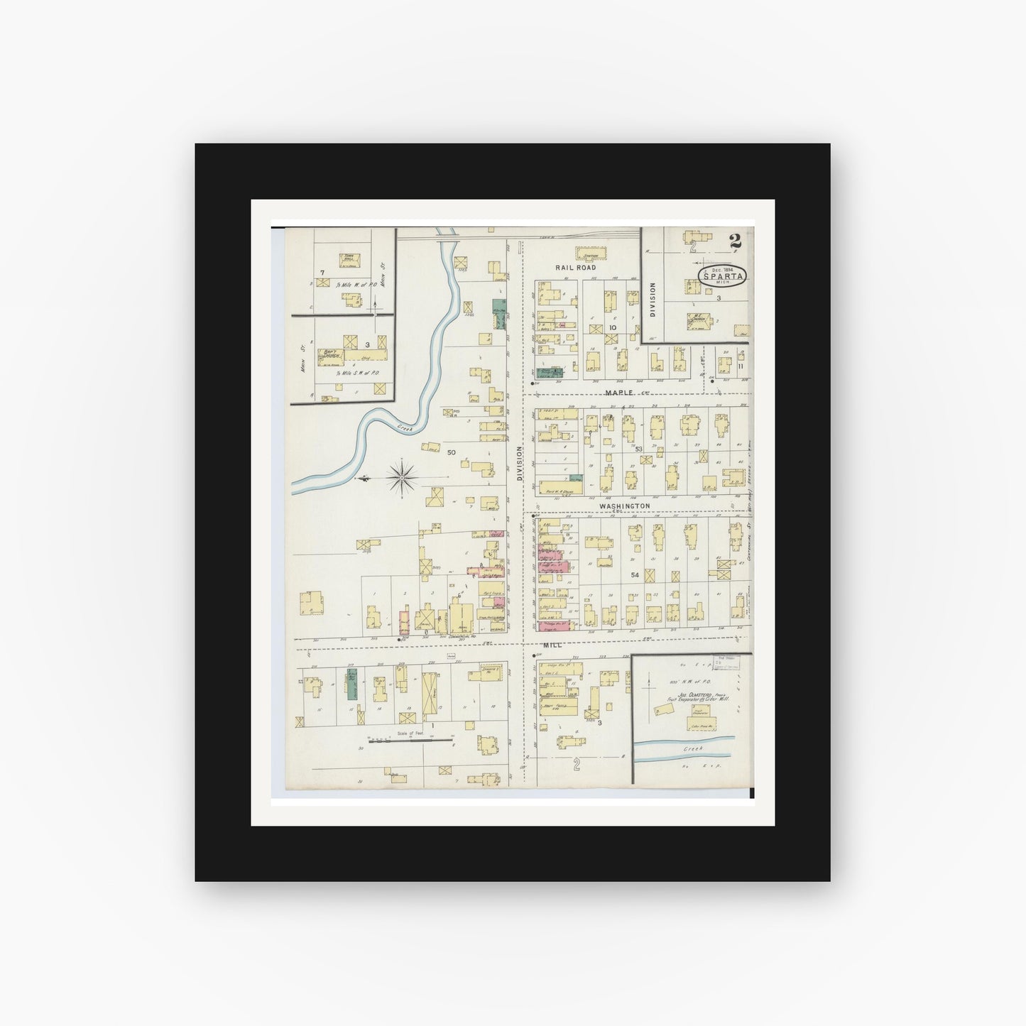 Old map wall art mockup — black gallery frame with white mat — Sanborn Fire Insurance Map from Sparta, Kent County, Michigan (1894), Sheet #0002