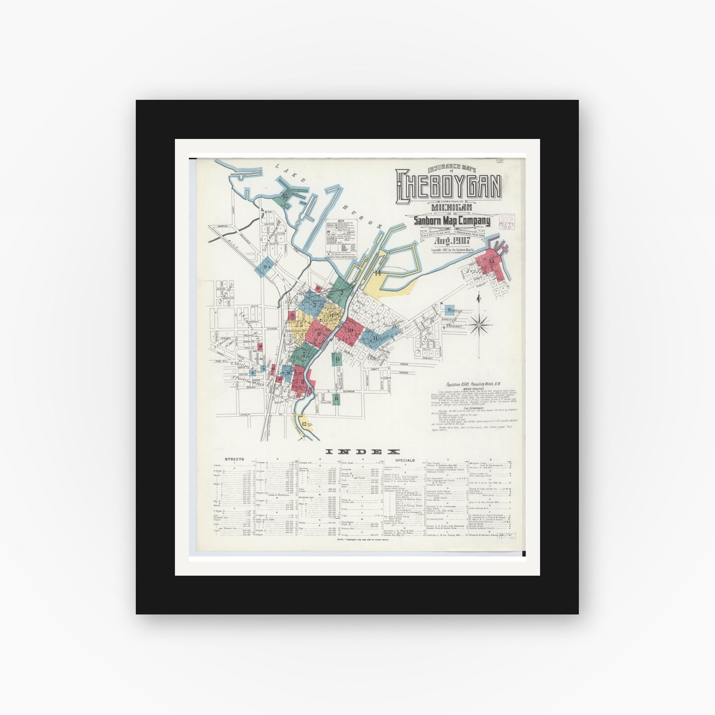 Old map wall art mockup — black gallery frame with white mat — Sanborn Fire Insurance Map from Cheboygan, Cheboygan County, Michigan (1907) - Complete Map Set