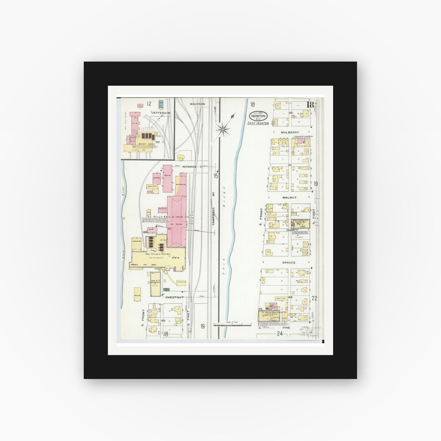 Old map wall art mockup — black gallery frame with white mat — Sanborn Fire Insurance Map from Ironton, Lawrence County, Ohio (1909), Sheet #0018