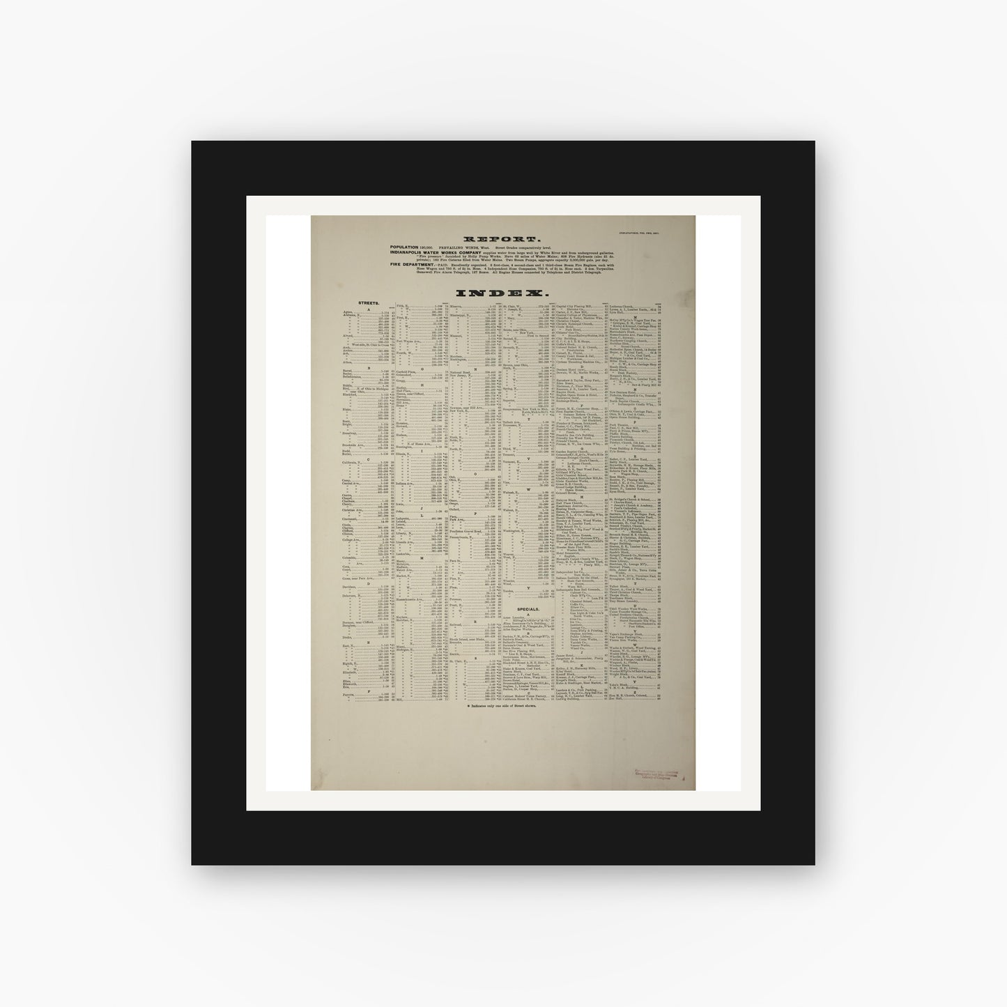 Old map wall art mockup — black gallery frame with white mat — Sanborn Fire Insurance Map from Indianapolis, Marion County, Indiana (1887), Sheet #0001