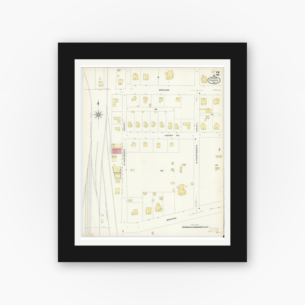 Old map wall art mockup — black gallery frame with white mat — Sanborn Fire Insurance Map from Paris, Lamar County, Texas (1908), Sheet #0002