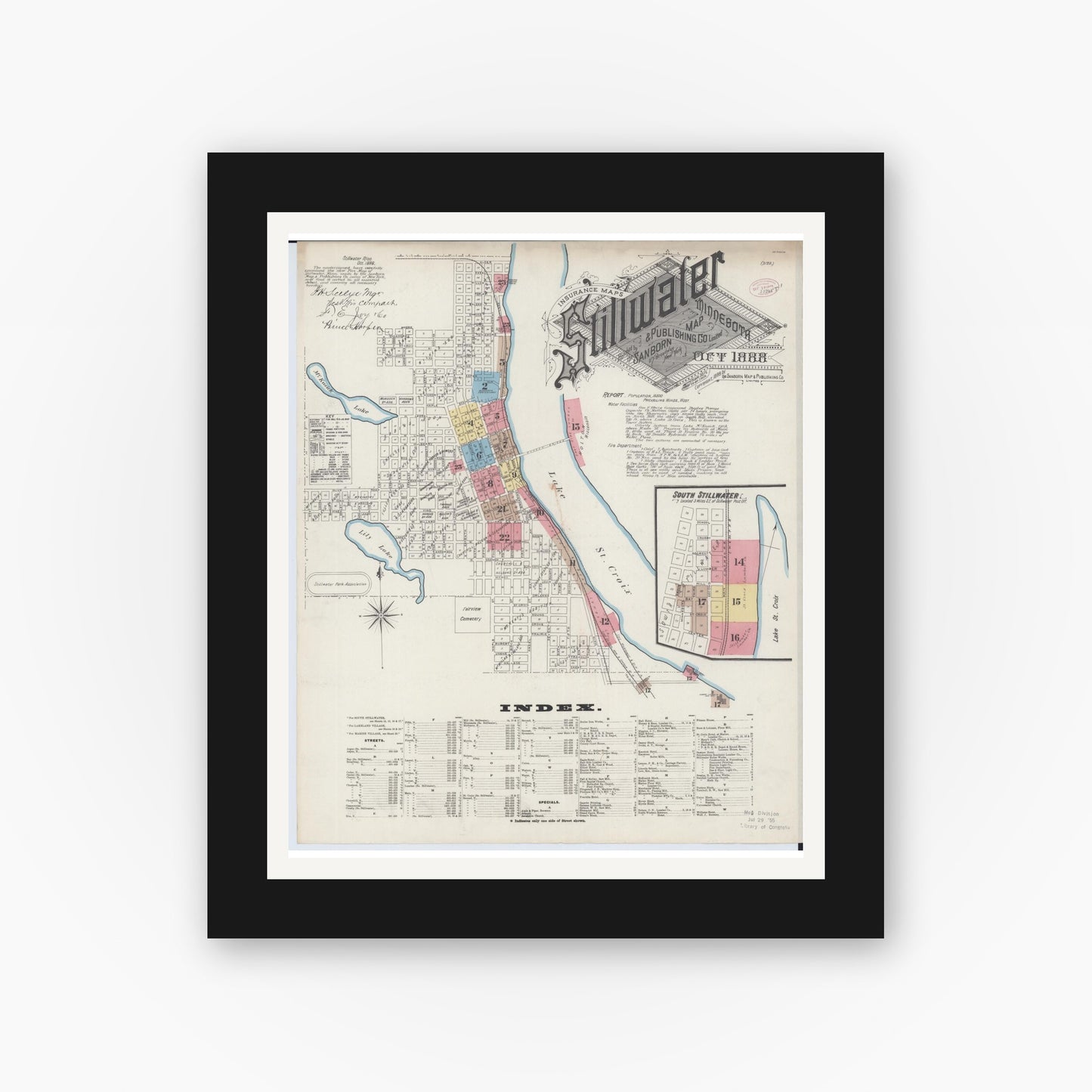 Old map wall art mockup — black gallery frame with white mat — Sanborn Fire Insurance Map from Stillwater, Washington County, Minnesota (1888) - Complete Map Set