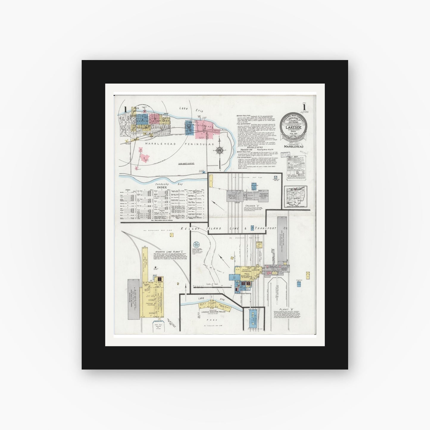 Old map wall art mockup — black gallery frame with white mat — Sanborn Fire Insurance Map from Lakeside, Ottawa County, Ohio (1927) - Complete Map Set