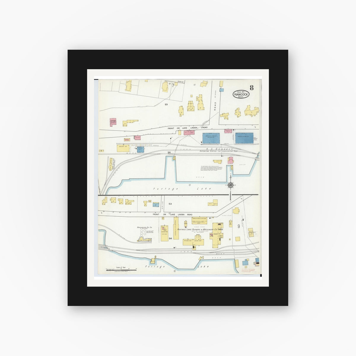 Old map wall art mockup β black gallery frame with white mat β Sanborn Fire Insurance Map from Hancock, Houghton County, Michigan (1917), Sheet #0008