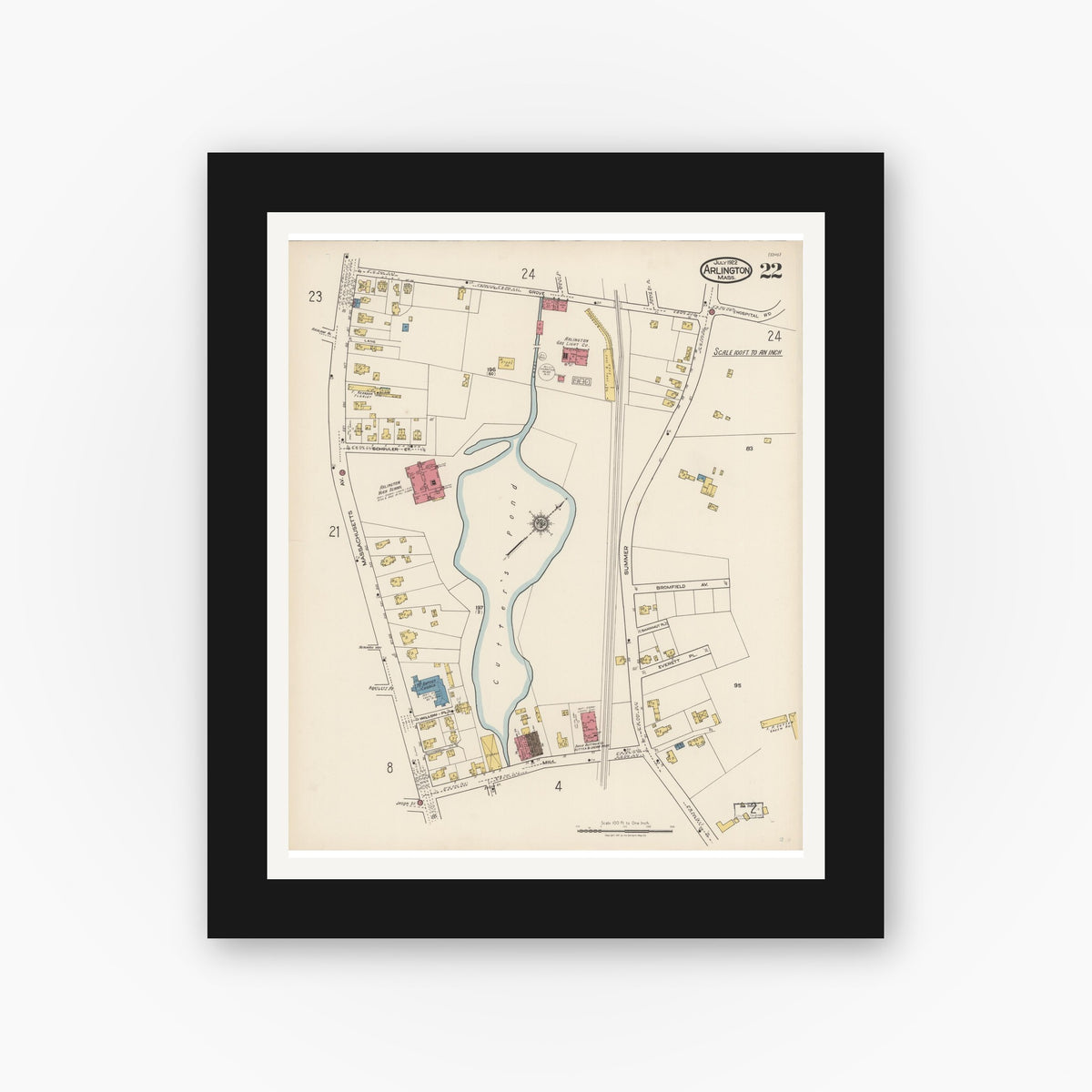 Old map wall art mockup — black gallery frame with white mat — Sanborn Fire Insurance Map from Arlington, Middlesex County, Massachusetts (1922), Sheet #0022