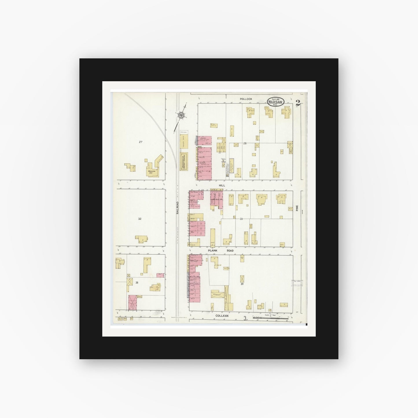 Old map wall art mockup — black gallery frame with white mat — Sanborn Fire Insurance Map from Warsaw, Duplin County, North Carolina (1916), Sheet #0002
