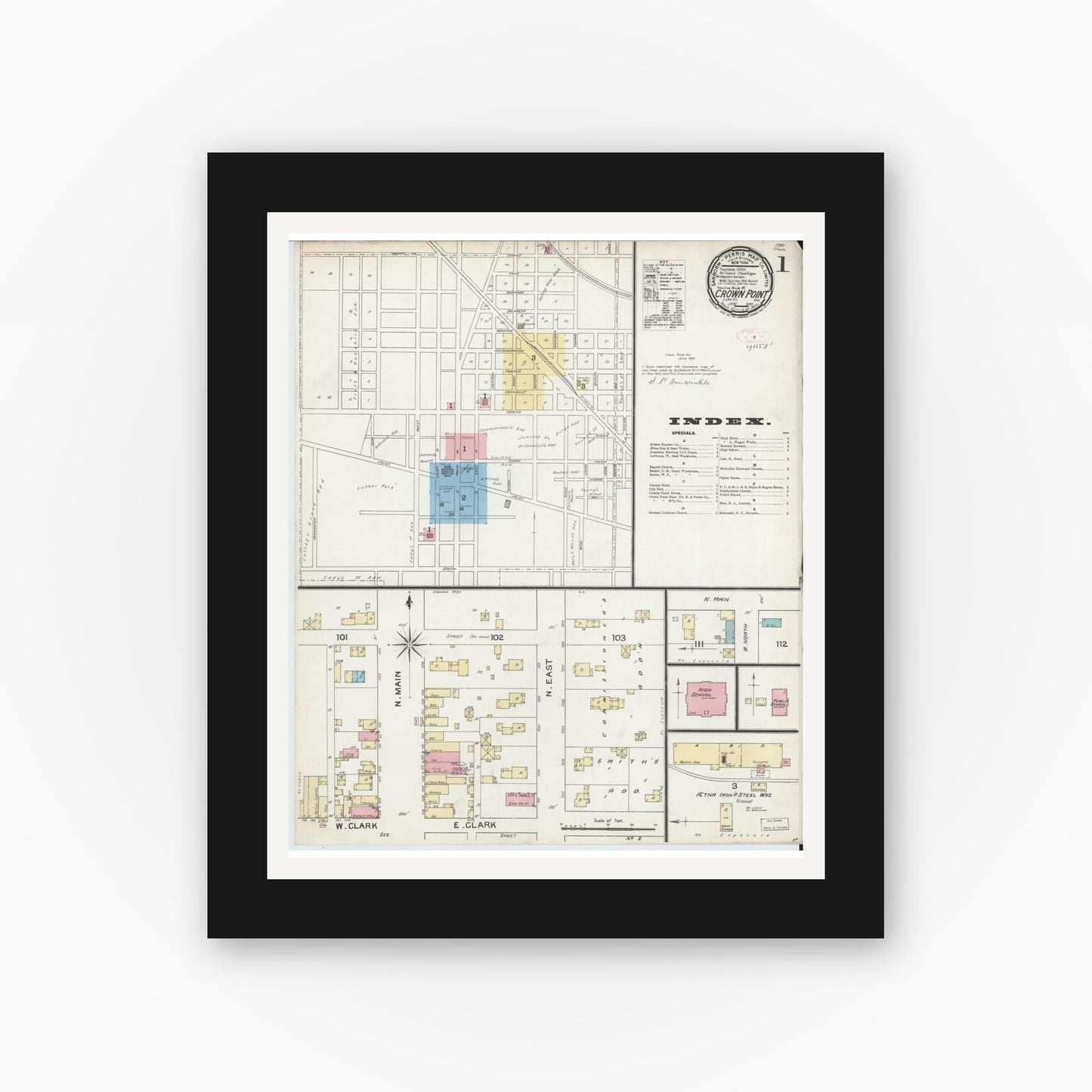 Old map wall art mockup — black gallery frame with white mat — Sanborn Fire Insurance Map from Crown Point, Lake County, Indiana (1892) - Complete Map Set