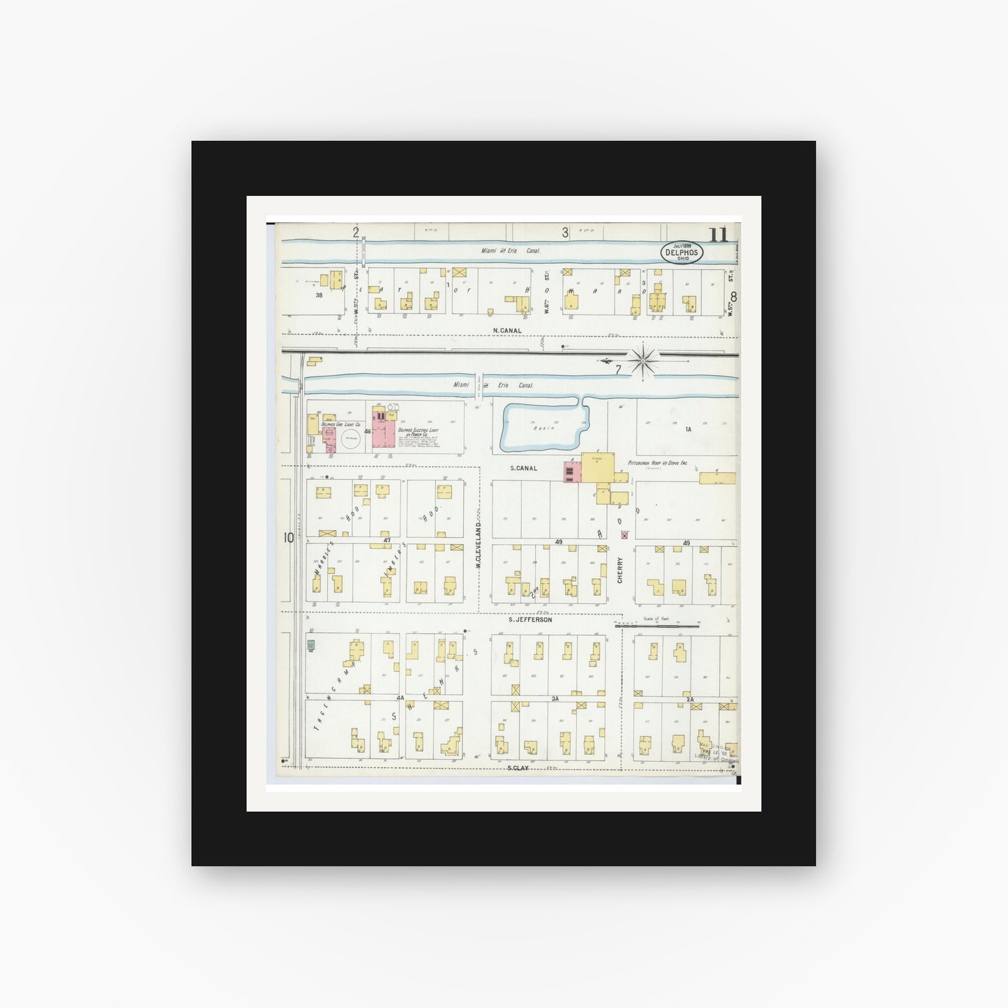 Old map wall art mockup — black gallery frame with white mat — Sanborn Fire Insurance Map from Delphos, Van Wert And Allen Counties, Ohio (1899), Sheet #0011