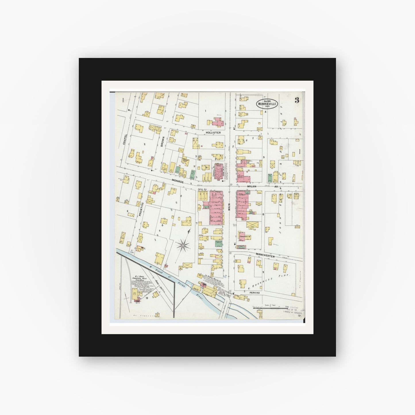 Old map wall art mockup — black gallery frame with white mat — Sanborn Fire Insurance Map from Monroeville, Huron County, Ohio (1899), Sheet #0003