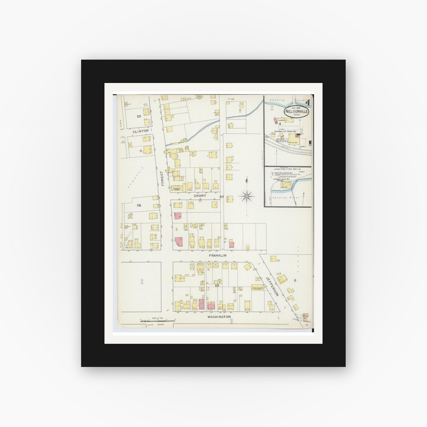 Old map wall art mockup — black gallery frame with white mat — Sanborn Fire Insurance Map from Nelsonville, Athens County, Ohio (1893), Sheet #0004