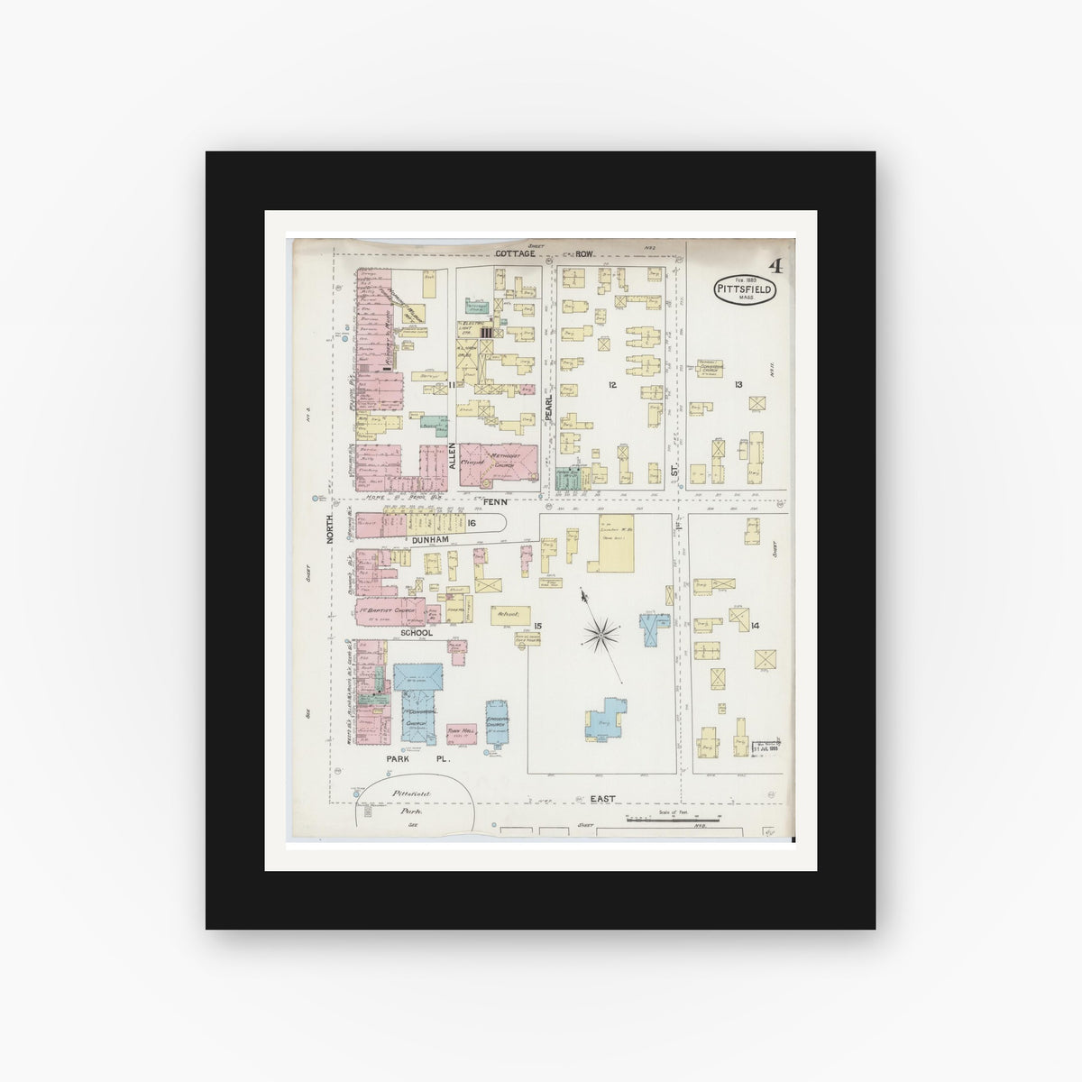 Old map wall art mockup — black gallery frame with white mat — Sanborn Fire Insurance Map from Pittsfield, Berkshire County, Massachusetts (1889), Sheet #0004