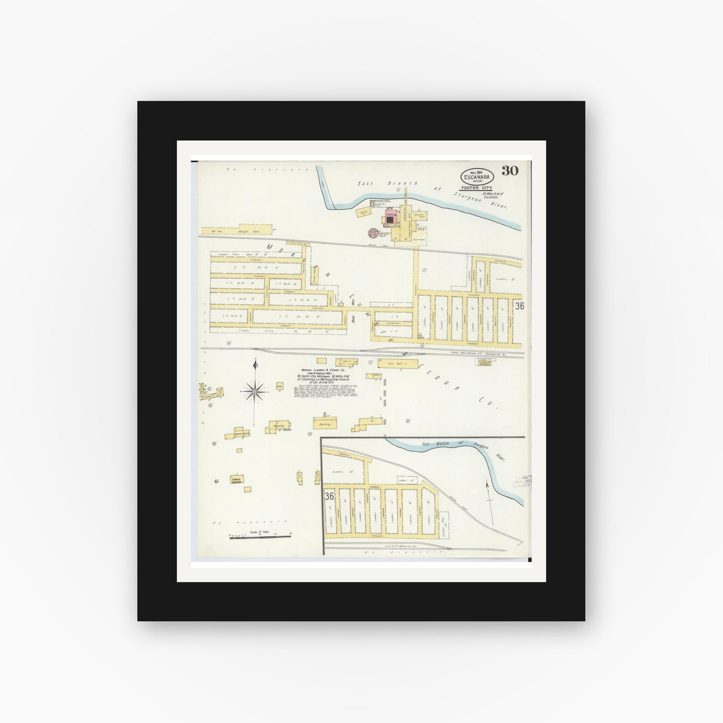 Old map wall art mockup — black gallery frame with white mat — Sanborn Fire Insurance Map from Escanaba, Delta County, Michigan (1906), Sheet #0030