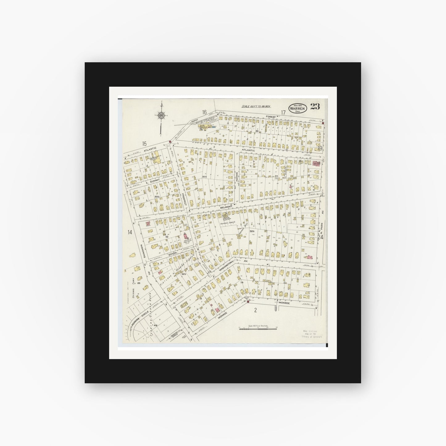 Old map wall art mockup — black gallery frame with white mat — Sanborn Fire Insurance Map from Warren, Trumbull County, Ohio (1915), Sheet #0023