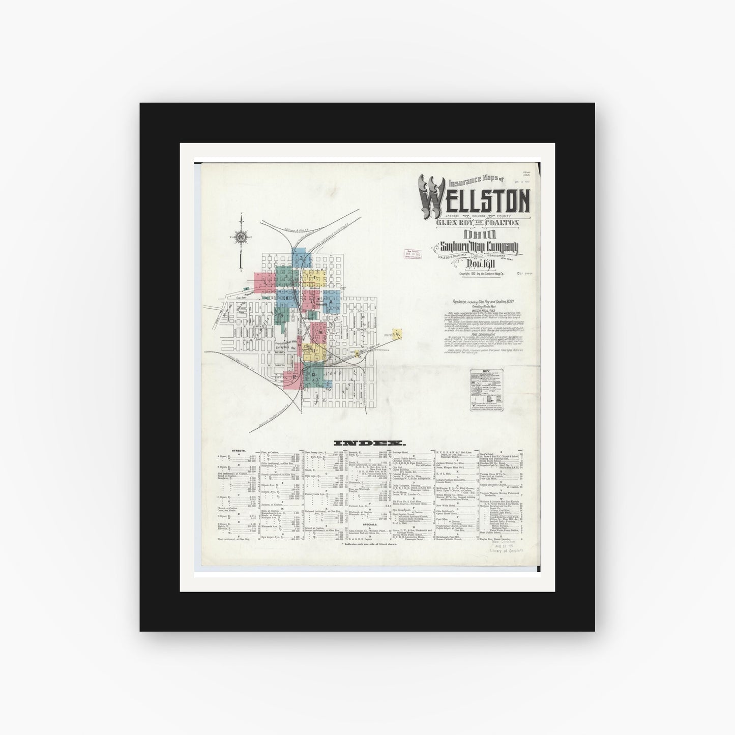 Old map wall art mockup — black gallery frame with white mat — Sanborn Fire Insurance Map from Wellston, Jackson County, Ohio (1911) - Complete Map Set