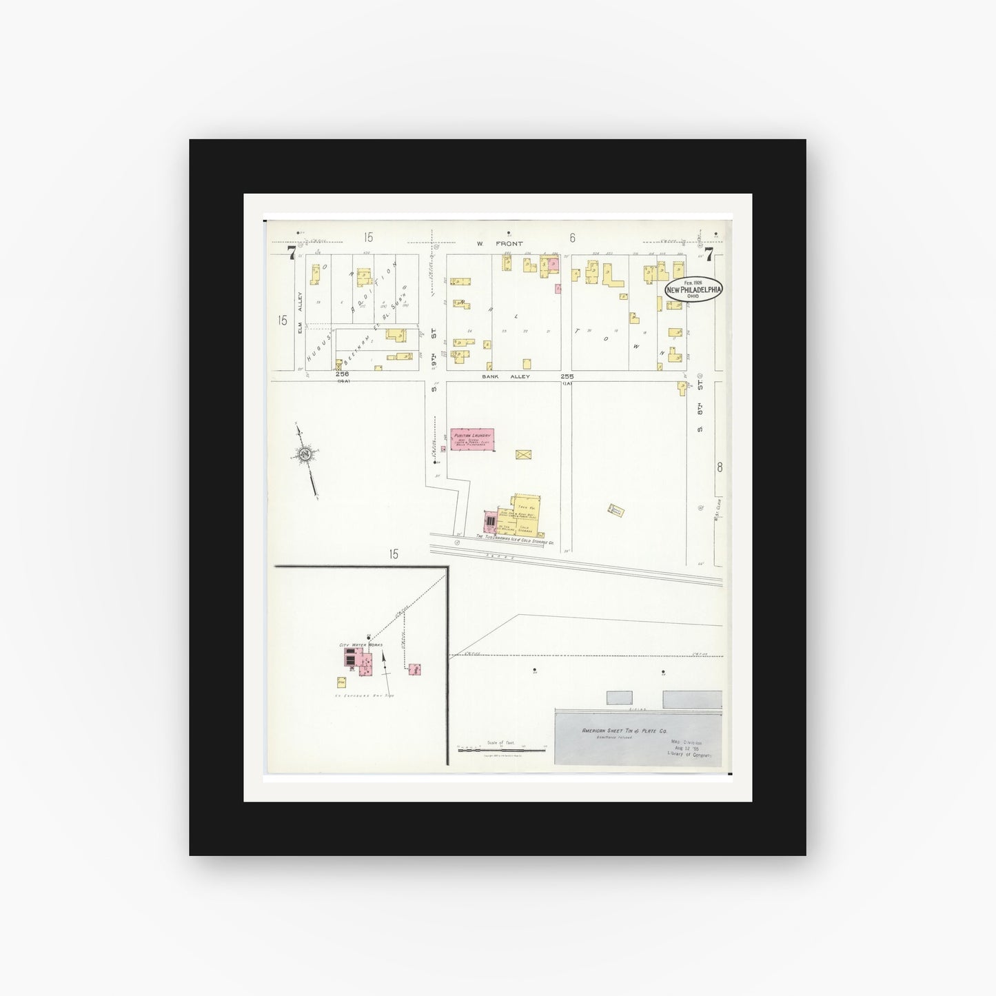 Old map wall art mockup — black gallery frame with white mat — Sanborn Fire Insurance Map from New Philadelphia, Tuscarawas County, Ohio (1926), Sheet #0007