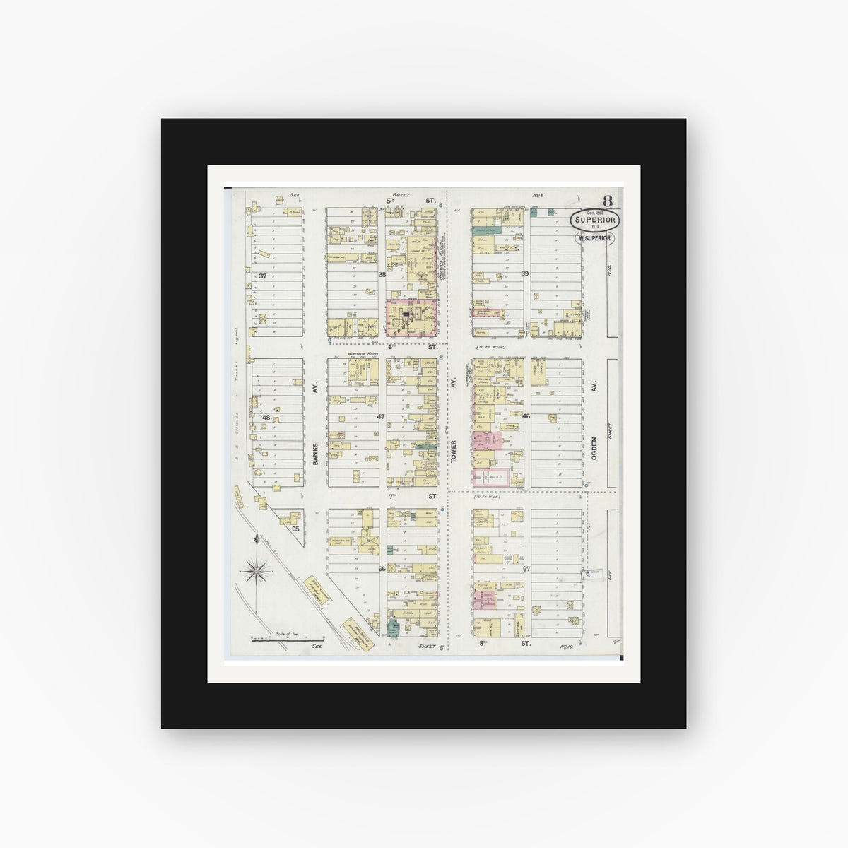 Old map wall art mockup — black gallery frame with white mat — Sanborn Fire Insurance Map from Superior, Douglas County, Wisconsin (1887), Sheet #0008